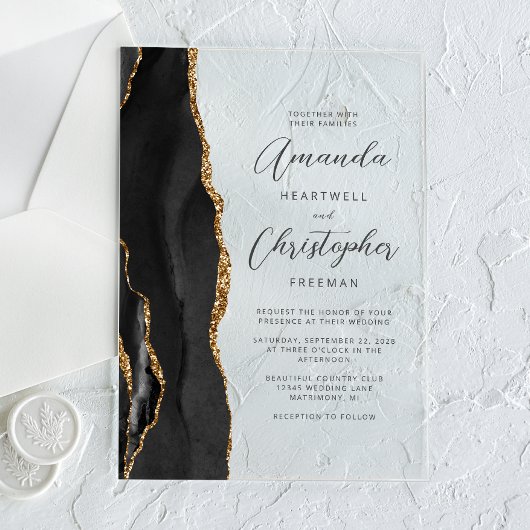 Agate Black Gold Script Weddenschap Acryl Uitnodigingen