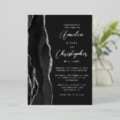 Agate Black Silver Script Dark Wedding Folie Uitnodiging (Staand Voorkant)