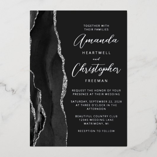 Agate Black Silver Script Dark Wedding Folie Uitnodiging (Voorkant)