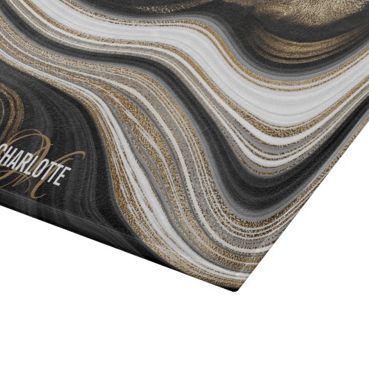 Agate Black white and gold liquid monogram name Snijplank (Hoek)