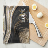 Agate Black white and gold liquid monogram name Theedoek (Quarter Fold)