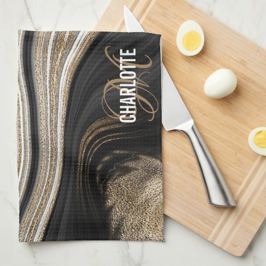 Agate Black white and gold liquid monogram name Theedoek (Quarter Fold)