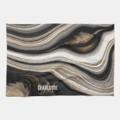 Agate Black white and gold liquid monogram name Theedoek (Horizontaal)