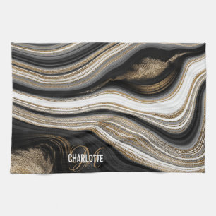 Agate Black white and gold liquid monogram name Theedoek