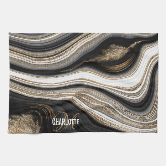 Agate Black white and gold liquid monogram name Theedoek (Horizontaal)