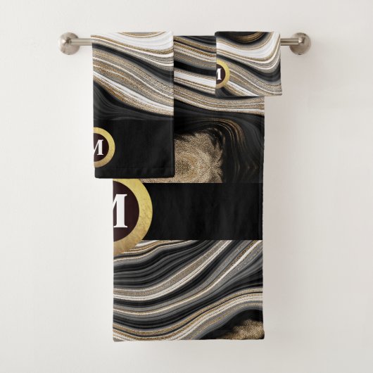Agate black white gold monogram Bath Towel Set Bad Handdoek (Insitu)