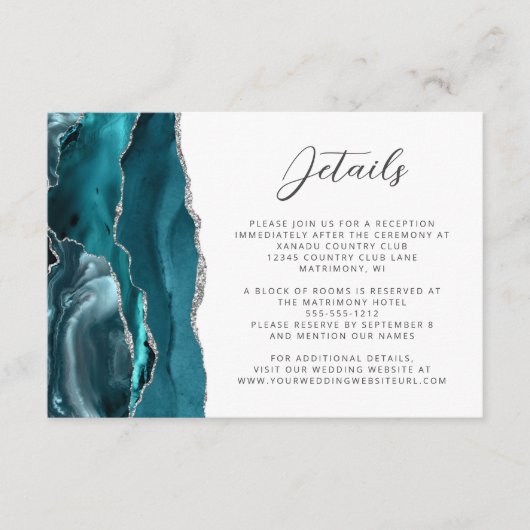 Agate Blauwgroen Blauw Zilver Script Trouwdetails Informatiekaartje (Voorkant)