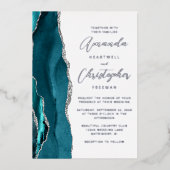 Agate Blauwgroen Blauw Zilver Script Wedding Folie Uitnodiging (Voorkant)