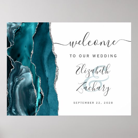 Agate Blauwgroen Silver Script Weddenschap Welkom Poster (Voorkant)