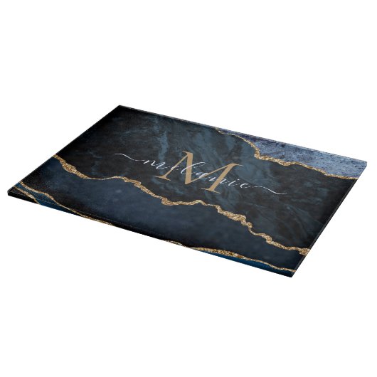 Agate Blue Gold Marble Custom Name Cutting Board Snijplank (Hoek)