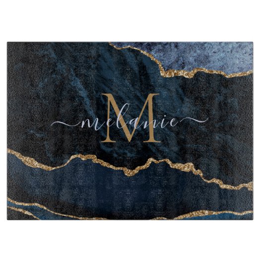 Agate Blue Gold Marble Custom Name Cutting Board Snijplank (Voorkant)