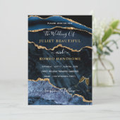 Agate Blue Gold Rings Luxury Wedding Uitnodiging (Staand voorkant)