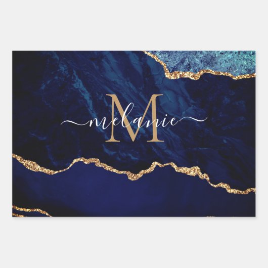 Agate Blue Gold Votre nom Lettre papier enveloppan (Devant 3)