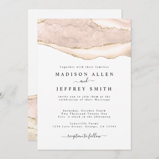 Agate Blush & Gold Glitter Wedding Invitation Aankondiging (Voorkant / Achterkant)