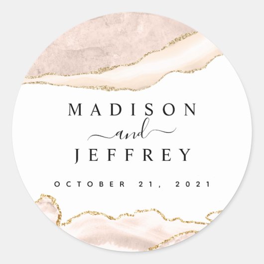 Agate Blush & Gold Glitter Wedding Ronde Sticker (Voorkant)