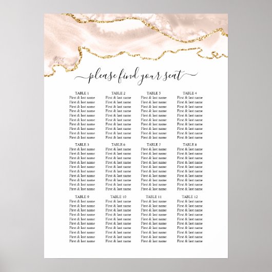Agate Blush & Gold Glitter Wedding Seating Chart Poster (Voorkant)