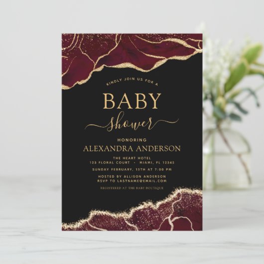 Agate Bourgogne Baby shower Gold Invitation (Debout devant)