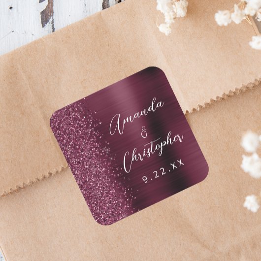 Agate Bourgondië Glitter Script Bruiloft Vierkante Sticker
