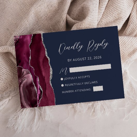 Agate Burgundy Silver Navy Blue Wedding Carte RSVP