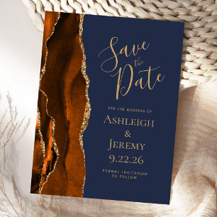 Agate Burnt Oranje Gold Navy Blue Save the Date Briefkaart