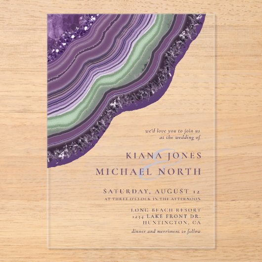 Agate Geode Glitter Wedding Violet ID647 Acryl Uitnodigingen (Voorkant)