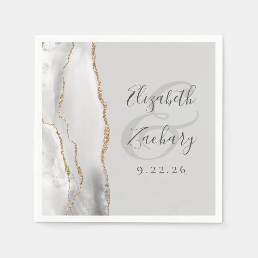 Agate Geode Light Grey White Gold Script Weduwscha Servet (Voorkant)