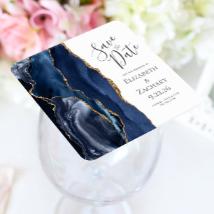 Agate Geode Navy Blauwe Goud Save the Date Vierkante Kartonnen Onderzetter