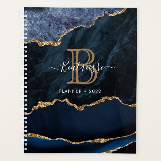 Agate Geode Navy Blue Gold Glitter Monogram Planner (Voorkant)