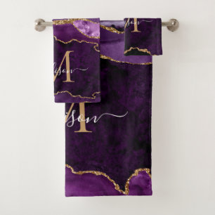 Agate Geode Paars Violet Gold Monogram script Bad Handdoek