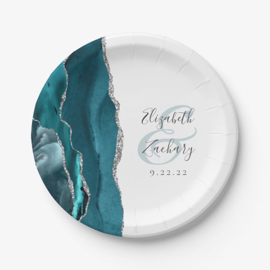 Agate Geode Schrift Teal Zilveren Bruiloft Papieren Bordje (Voorkant)