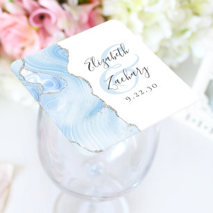Agate Geode Script Baby Blue Zilveren Bruiloft Vierkante Kartonnen Onderzetter