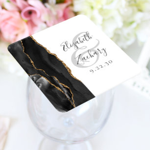 Agate Geode Script Black Gold Wedding Vierkante Kartonnen Onderzetter