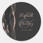 Agate Geode Script Black Roos Gold Dark Weddenscha Ronde Sticker (Voorkant)