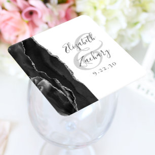 Agate Geode Script Black Silver Wedding Vierkante Kartonnen Onderzetter