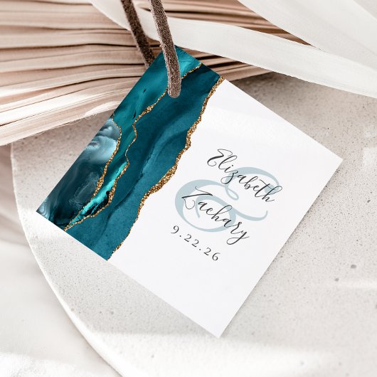 Agate Geode Script Blauwgroen Gold Wedding Bedankjes Labels