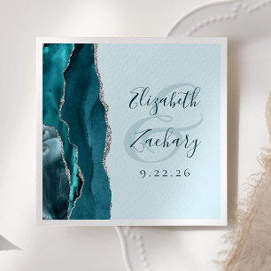 Agate Geode Script Bleek Turkoois Zilveren Bruilof Servet