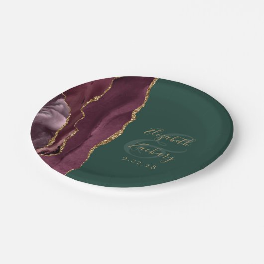 Agate Geode Script Bourgogne Gold Green Papieren Bordje (Gekanteld)