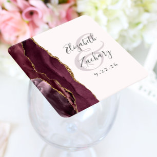 Agate Geode Script Bourgondië Goud Blush Bruiloft Vierkante Kartonnen Onderzetter