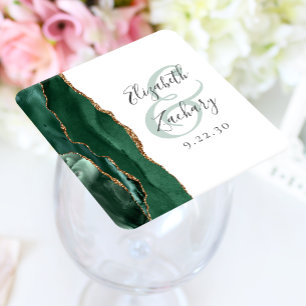 Agate Geode Script Emerald Green Gold Wedding Vierkante Kartonnen Onderzetter