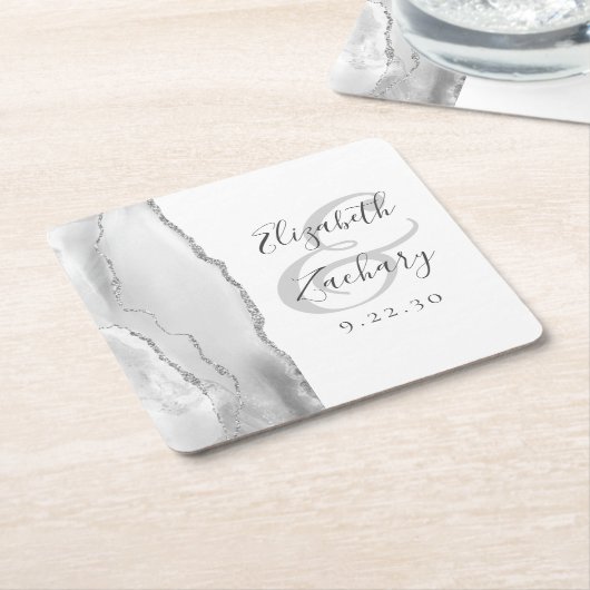 Agate Geode Script Grey White Silver Wedding Vierkante Kartonnen Onderzetter (Schuin)