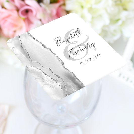 Agate Geode Script Grey White Silver Wedding Vierkante Kartonnen Onderzetter