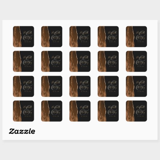 Agate Geode Script Mocha Bruin Goud Zwart Trouwen Vierkante Sticker (Vel)