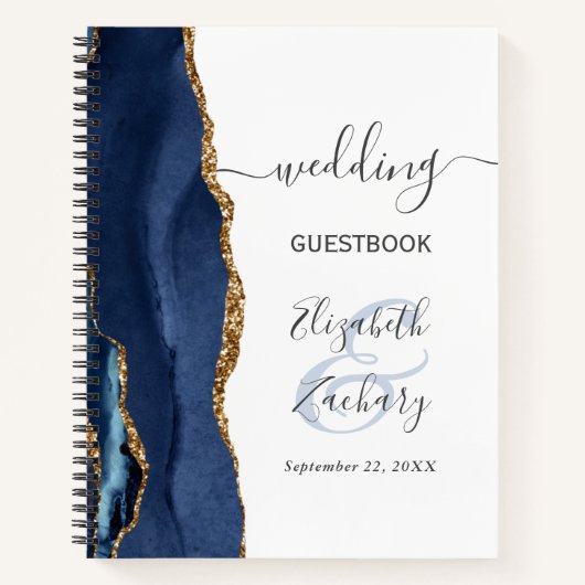Agate Geode Script Navy Blue Gold Wedding Guest Notitieboek (Voorkant)