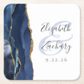 Agate Geode Script Navy Blue Gold Wedding Vierkante Kartonnen Onderzetter (Voorkant)