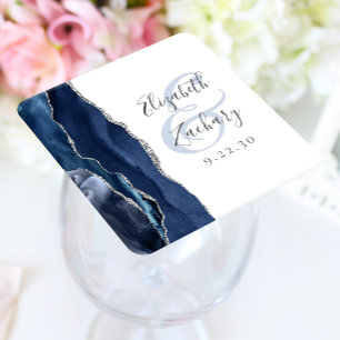 Agate Geode Script Navy Blue Silver Wedding Vierkante Kartonnen Onderzetter
