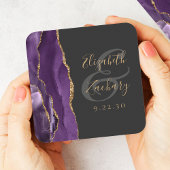 Agate Geode Script Paars Gold Dark Weddenschap Vierkante Kartonnen Onderzetter