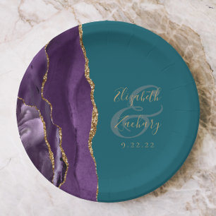 Agate Geode Script Paars Goud Teal Bruiloft Papieren Bordje