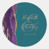 Agate Geode Script Paars Goud Teal Bruiloft Ronde Sticker (Voorkant)