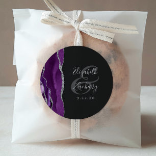 Agate Geode Script Paars Zilver Donkere Bruiloft Ronde Sticker
