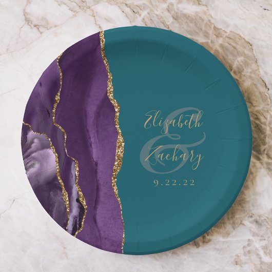 Agate Geode Script Paarse Gouden Blauwgroen Bruilo Papieren Bordje